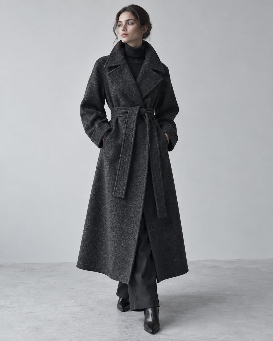 Model wearing the Lune Wool Coat in ink